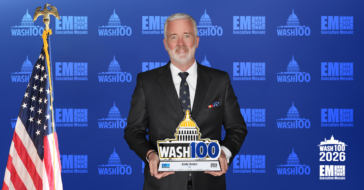 Andy Green, executive vice president of HII and president of HII’s Mission Technologies division, holding the 2026 Wash100 Award.