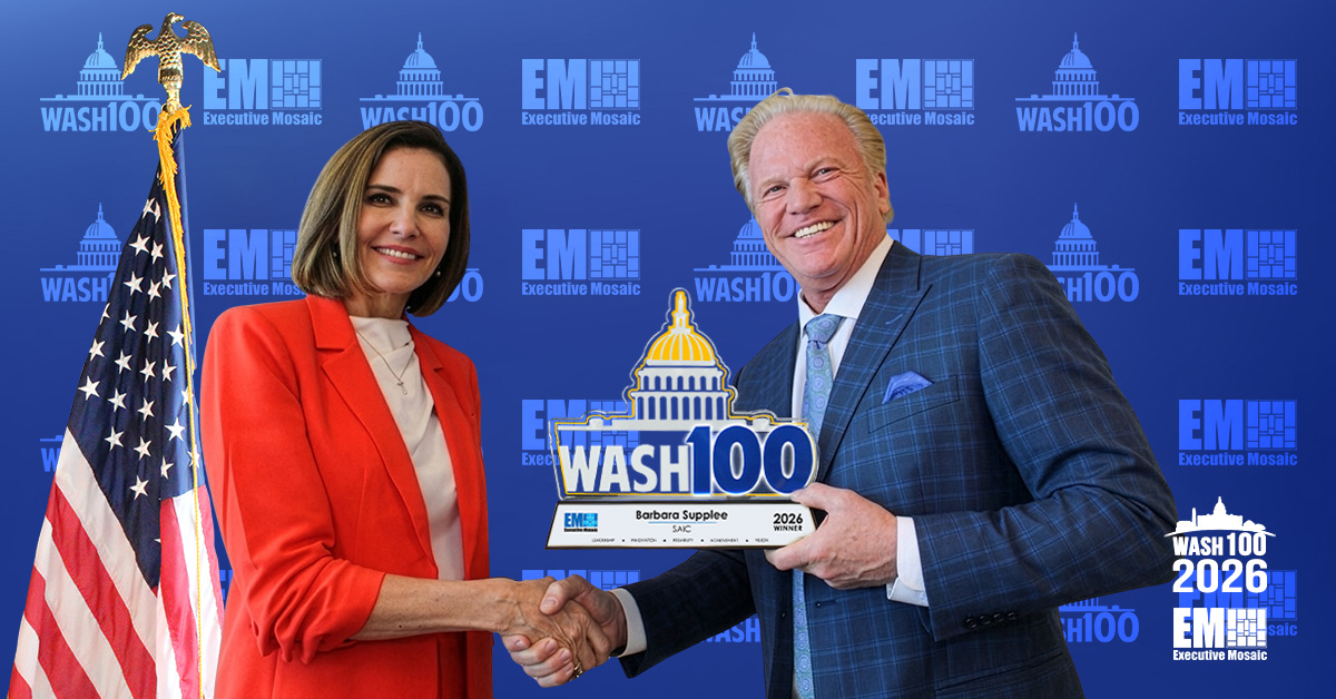 Jim Garrettson, CEO of Executive Mosaic, personally congratulated Barbara Supplee, executive vice president of SAIC’s Army Navy Business Group, for her 2026 Wash100 win.