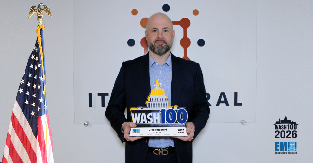 Greg Fitzgerald, CEO of ITC Federal, holding his 2026 Wash100 Award.