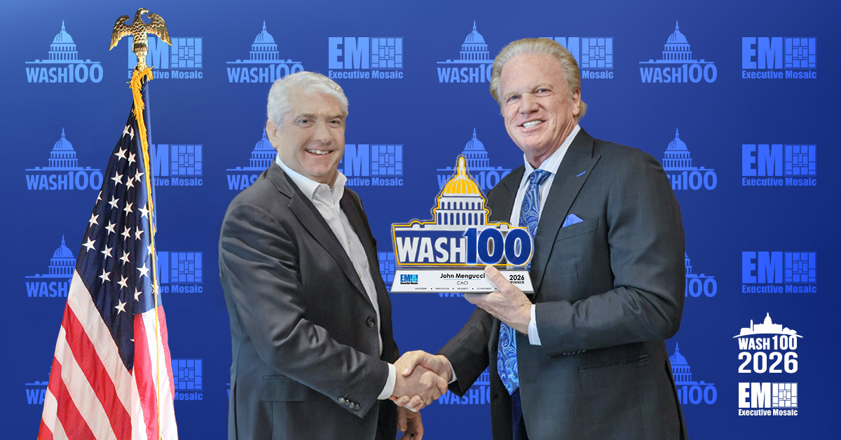 Jim Garrettson, CEO of Executive Mosaic, personally congratulated John Mengucci, president and CEO of CACI International, for winning the 2026 Wash100 Award.
