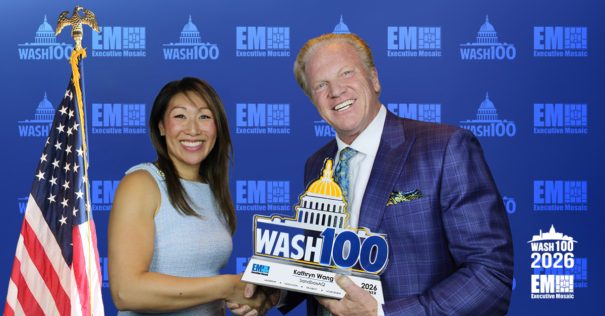 Jim Garrettson, CEO of Executive Mosaic, personally congratulated Kathryn Wang, principal for the public sector at SandboxAQ, for winning the 2026 Wash100 Award.