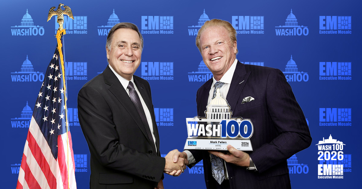 Mark Peters, president and CEO of MITRE, with Jim Garrettson, CEO of Executive Mosaic. Peters is a 2026 Wash100 Award winner