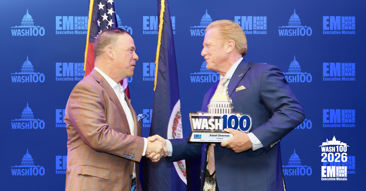 Oddball CEO Rob Silverman accepting the 2026 Wash100 Award from Jim Garrettson, CEO of Executive Mosaic.
