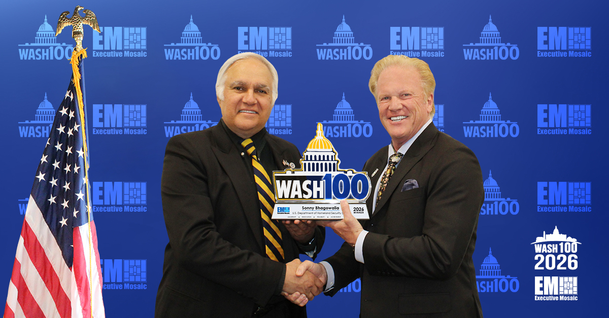 CBP CIO Sonny Bhagowalia Accepts 2026 Wash100 Award From Jim Garrettson