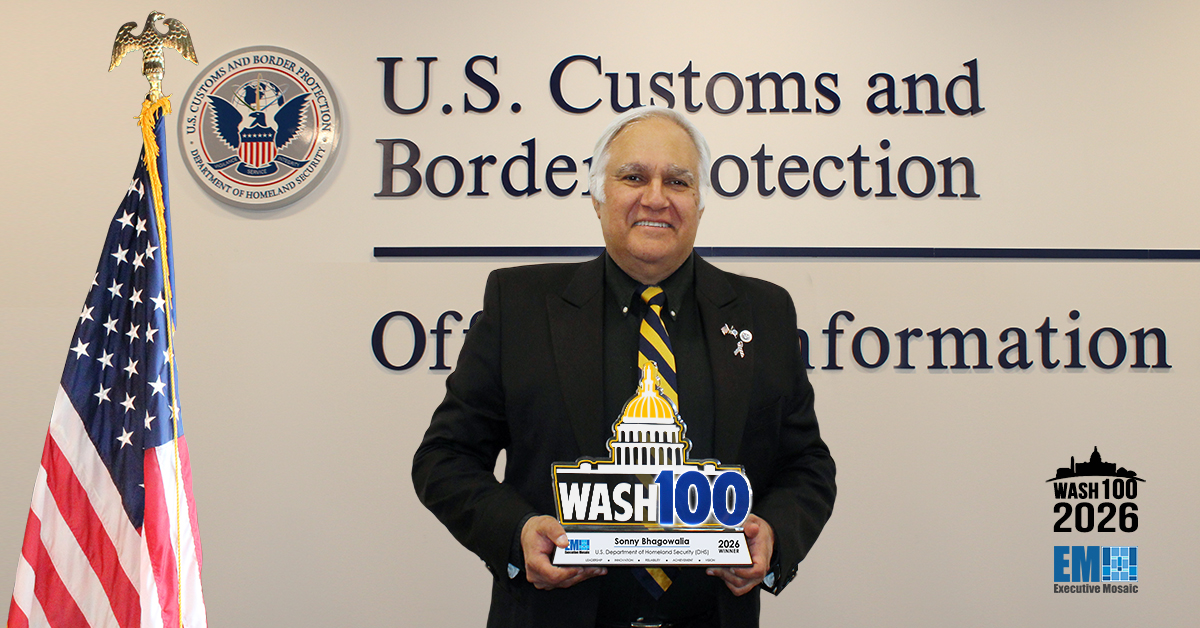 CBP CIO Sonny Bhagowalia Accepts 2026 Wash100 Award From Jim Garrettson