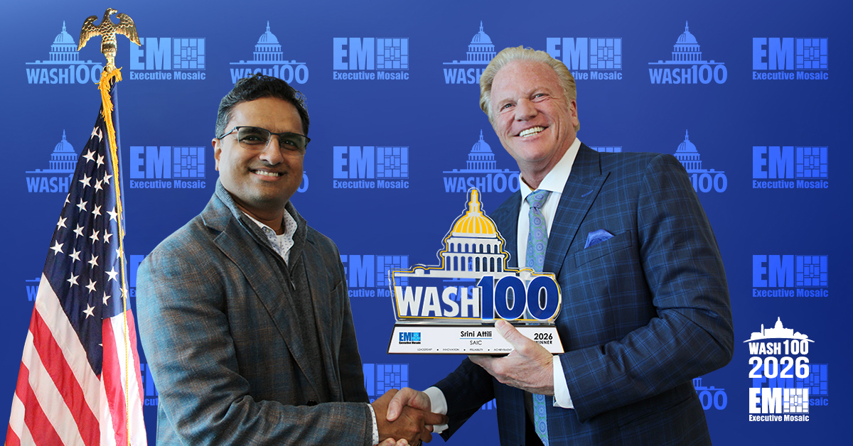 Srini Attili, executive vice president of SAIC’s civilian business group and a 2026 Wash100 Award winner, with Jim Garrettson, CEO of Executive Mosaic.