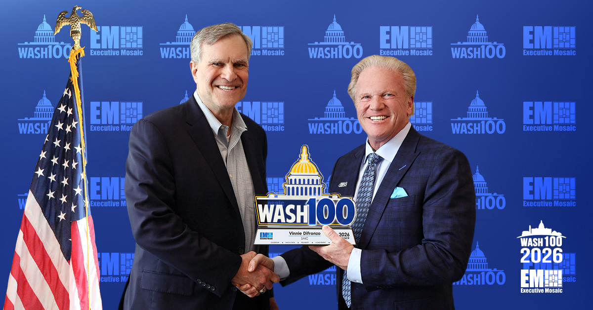 Executive Mosaic CEO Jim Garrettson presented the 2026 Wash100 Award to Vinnie DiFronzo, SAIC’s Air Force, space and intelligence business group.