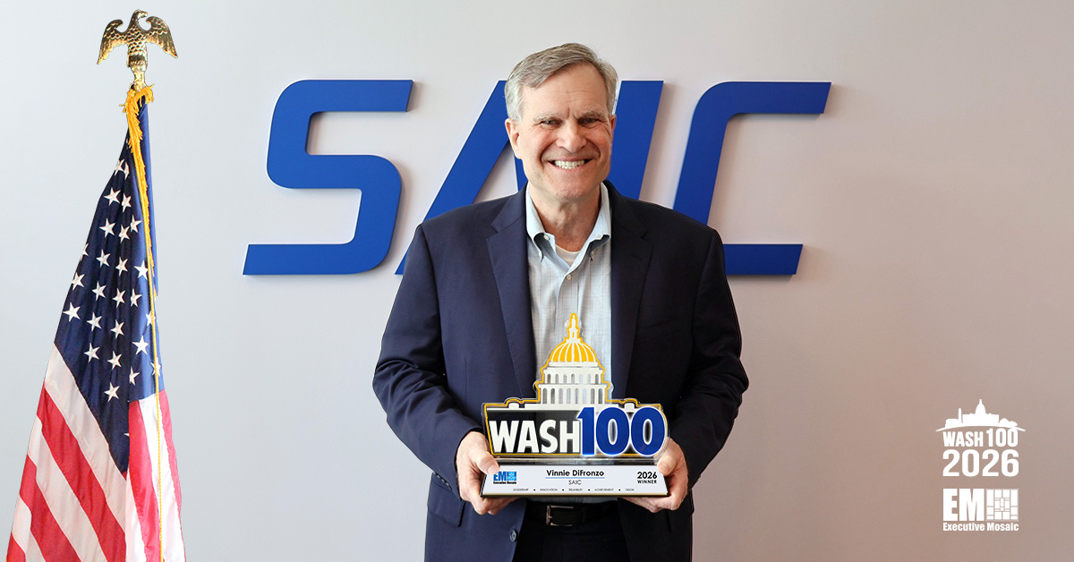 Vinnie DiFronzo, SAIC’s Air Force, space and intelligence business group, holding his 2026 Wash100 Award.