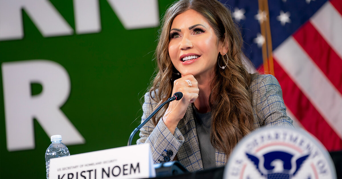 Kristi Noem at an event. The Wash100 Award winner will speak on the Potomac Officers Club stage on Nov. 12, 2025.