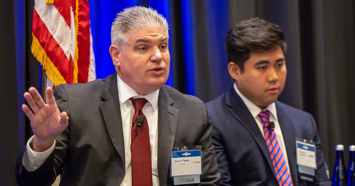 Dennis Teefy and Emmanuel Belostrino. The U.S. Army representative and Kpler exec spoke on a panel at POC's 2026 Army Summit.