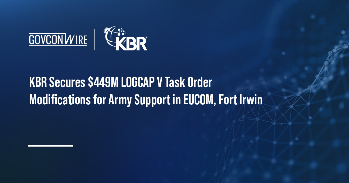 KBR logo. KBR secured $449 million in task order modifications under the U.S. Army’s LOGCAP V contract.
