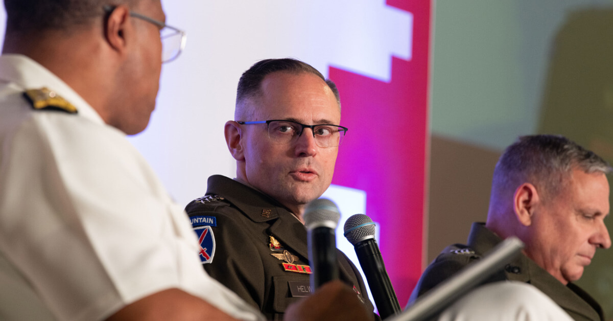 TRANSCOM Deputy Commander Lt. Gen. Jered Helwig (center) speaks on May 1, 2025 in Washington.