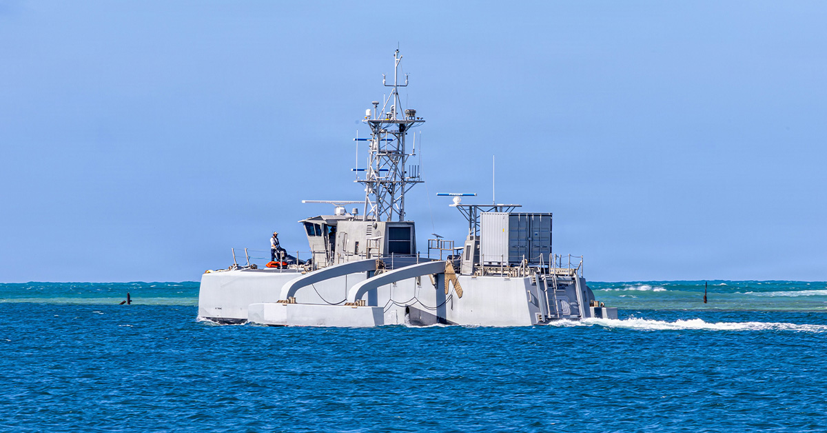 leidos-sea-hunter-mdusv-navy-rimpac Sea Hunter. Leidos' Sea Hunter medium displacement unmanned surface vessel, or MDUSV, at RIMPAC 2026 on July 7, 2026.