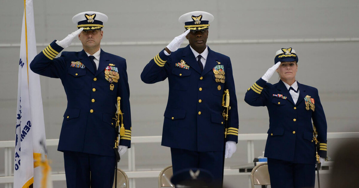Ronzelle Green. The Coast Guard Reserve captain (center) participated in a change of command ceremony in 2015.
