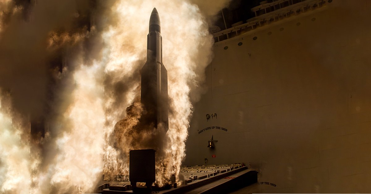 A SM-3 Block 1B guided missile being tested in 2013. SM-3 is being evaluated for use in Golden Dome. Photo. Missile Defense Agency.