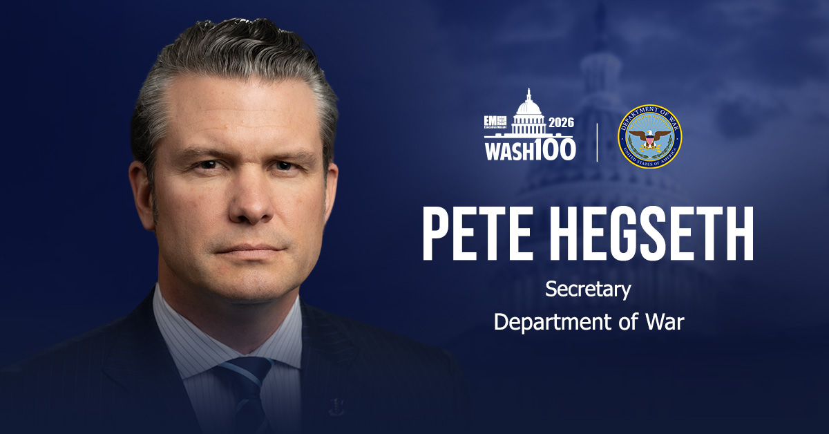 Secretary of War Pete Hegseth. The secretary of war has won the 2026 Wash100 Award from Executive Mosaic for advancing military modernization and acquisition reform.